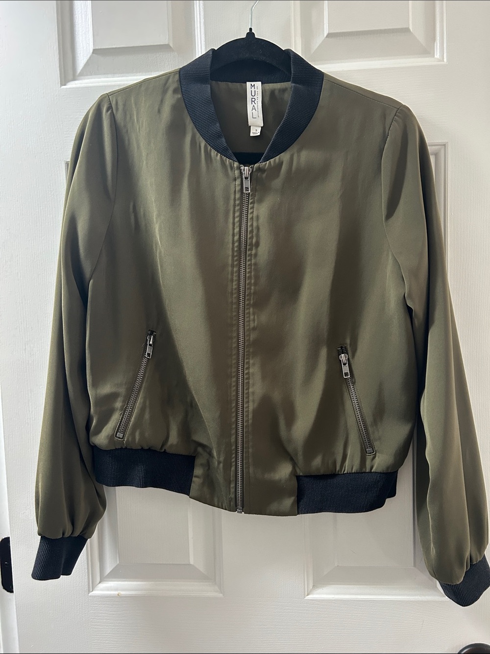 Small Mural Olive Bomber Jacket with Black Trim